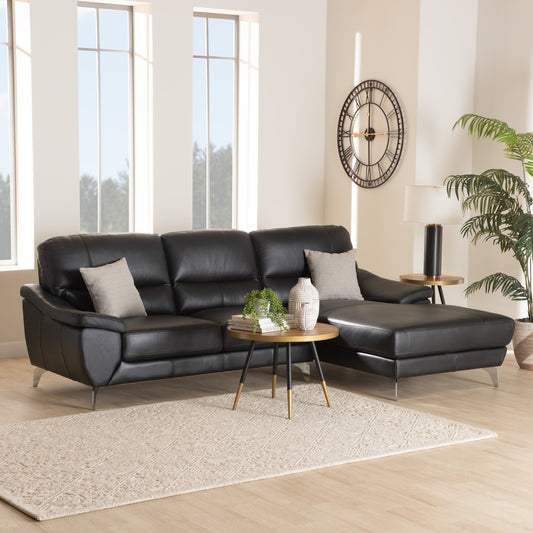 Baxton Studio Townsend Modern Black Full Leather Sectional Sofa with Right Facing Chaise | Sectional | Modishstore