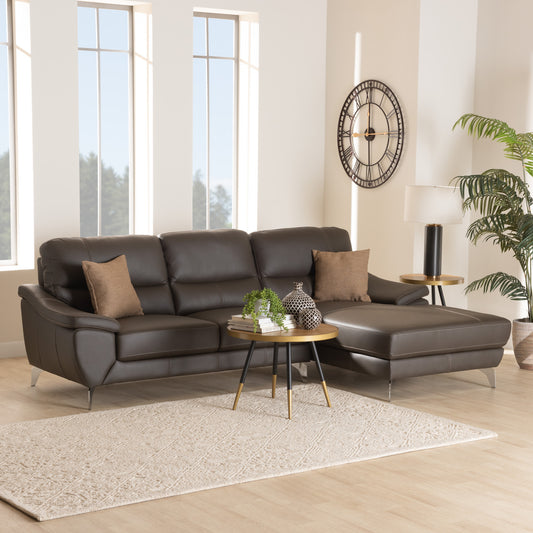 Baxton Studio Townsend Modern Brown Full Leather Sectional Sofa with Right Facing Chaise | Sectional | Modishstore