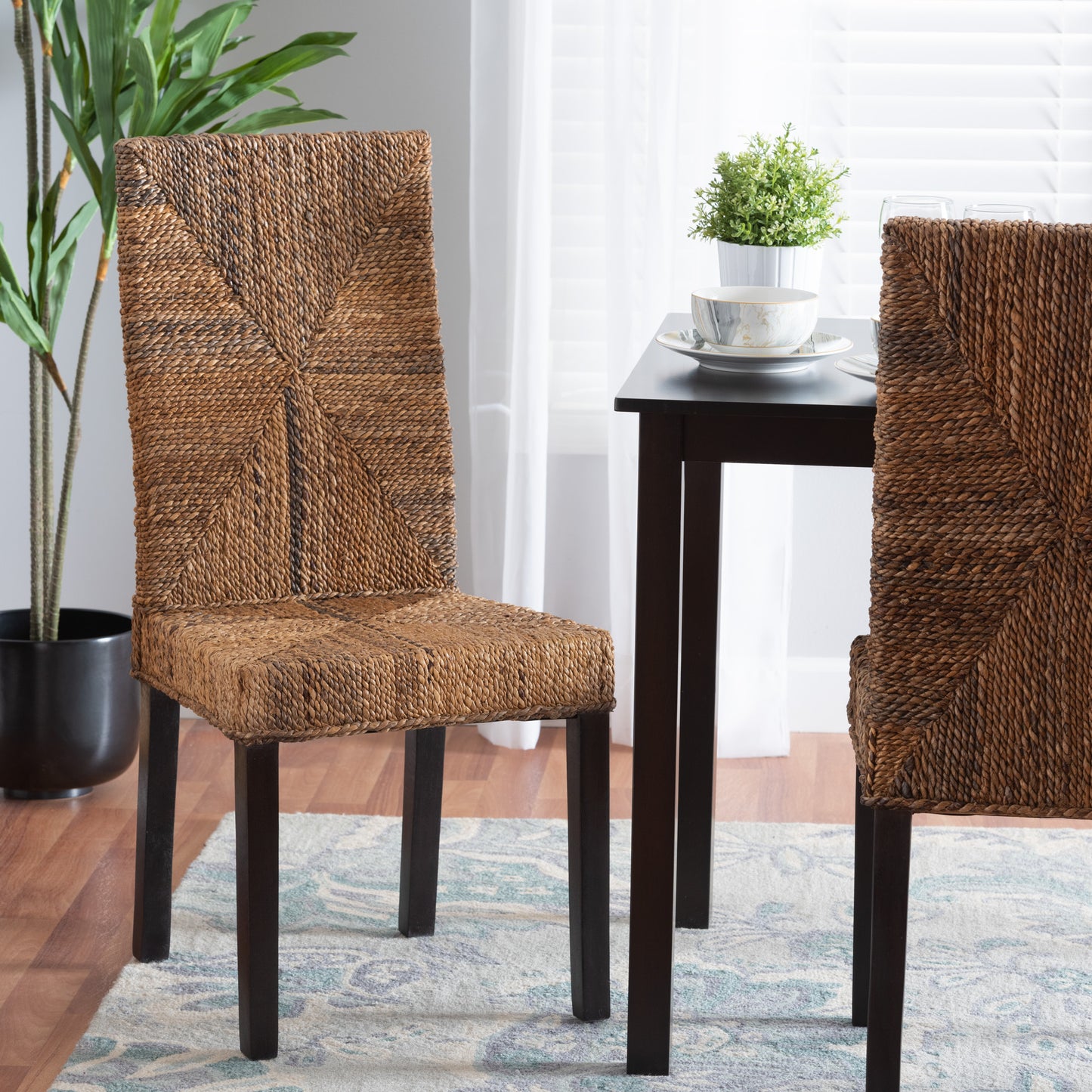 Baxton Studio bali & pari Laymi Modern Bohemian Dark Brown Mahogany Wood and Seagrass Dining Chair | Dining Chairs | Modishstore