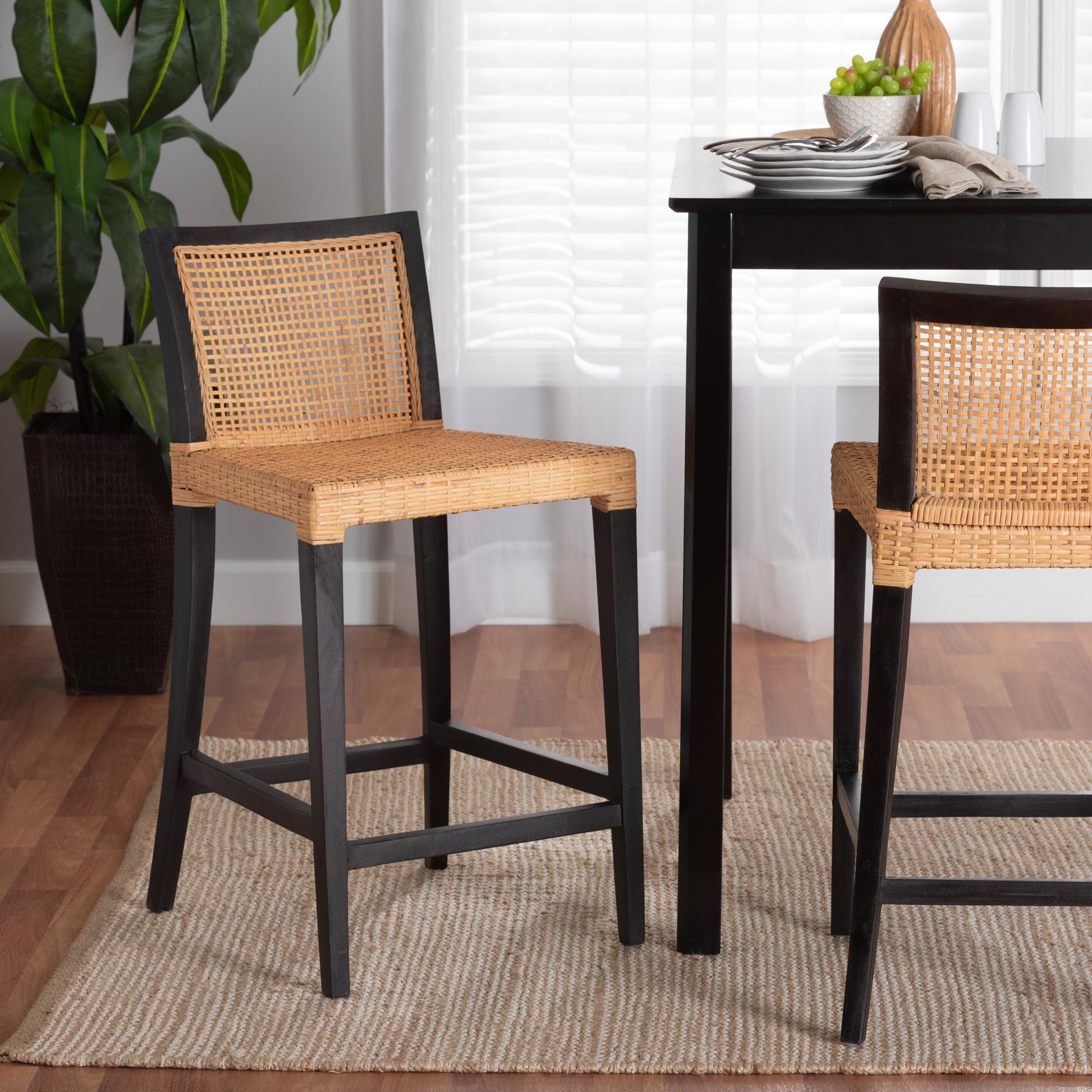 Baxton Studio bali & pari Lingga Modern Bohemian Dark Brown Mahogany Wood and Natural Rattan Counter Stool | Counter Stools | Modishstore