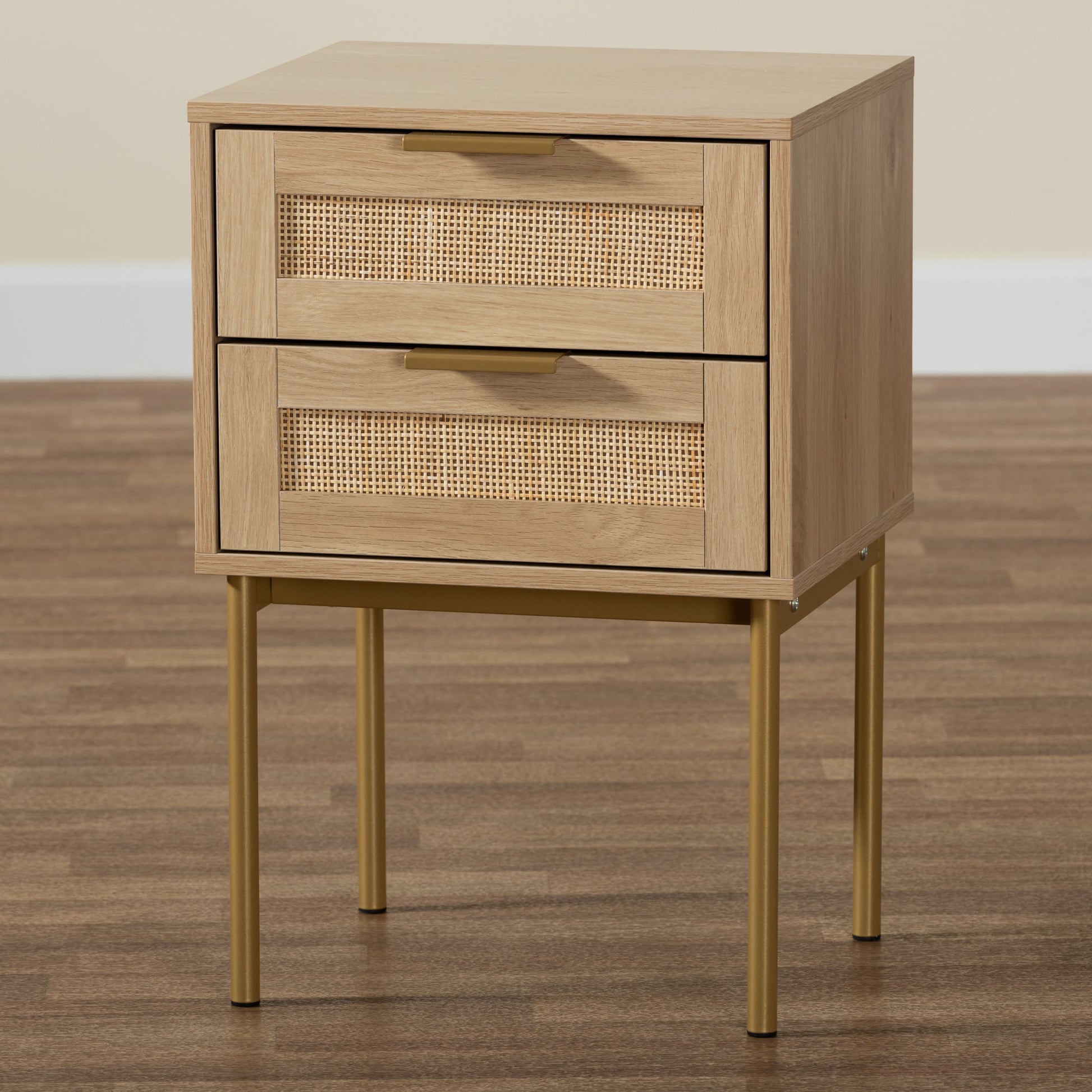 Baxton Studio Dewitt Japandi Light Brown Finished Wood and Gold Metal 2-Drawer End Table | End Tables | Modishstore - 9