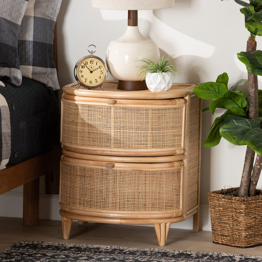 Baxton Studio bali & pari Oleta Modern Bohemian Natural Brown Rattan 2-Drawer Nightstand | Nightstands | Modishstore