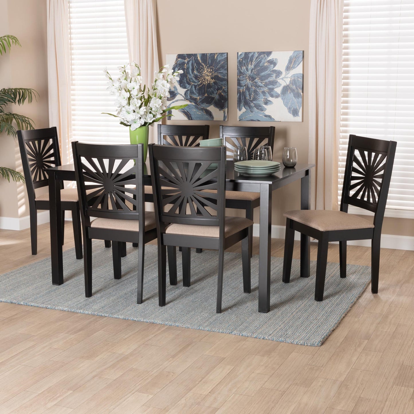 Baxton Studio Olympia Modern Beige Fabric and Espresso Brown Finished Wood 7-Piece Dining Set | Dining Sets | Modishstore