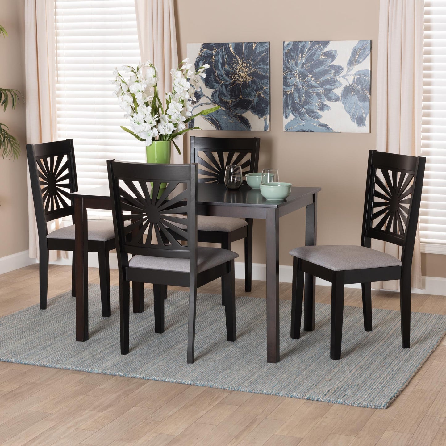 Baxton Studio Olympia Modern Beige Fabric and Espresso Brown Finished Wood 5-Piece Dining Set | Dining Sets | Modishstore - 11