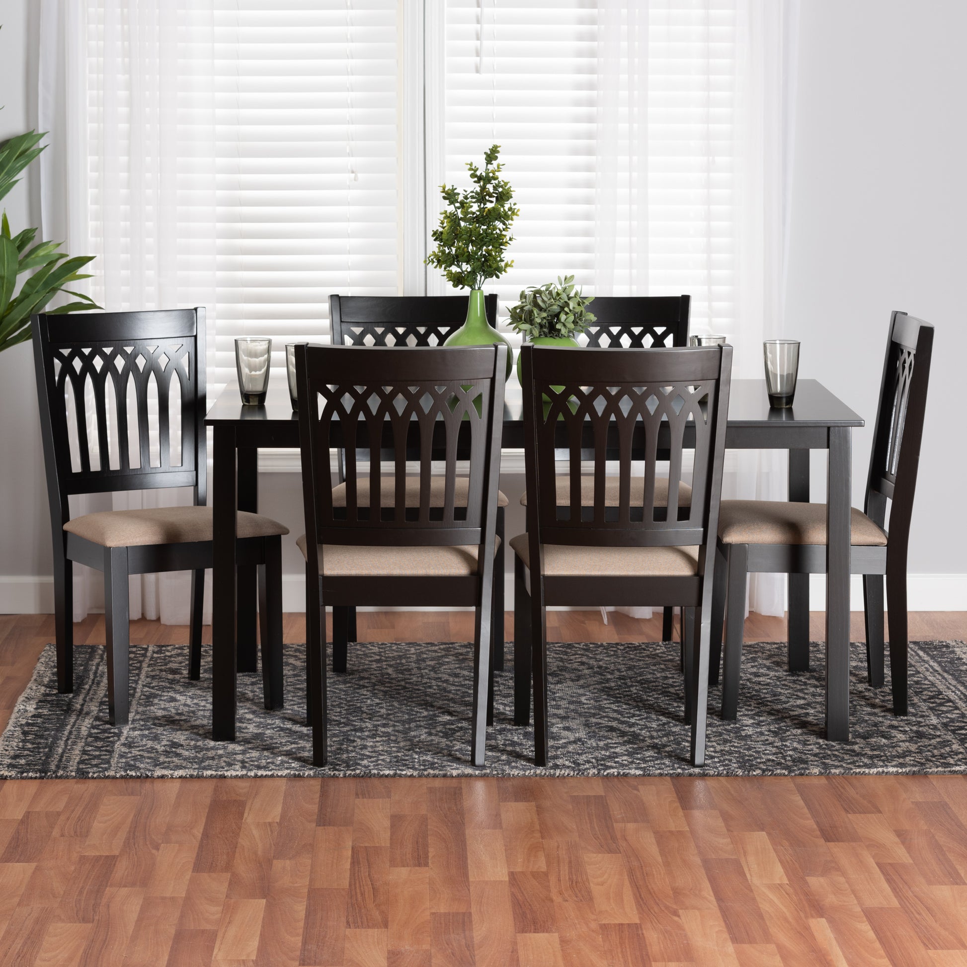 Baxton Studio Genesis Modern Beige Fabric and Dark Brown Finished Wood 7-Piece Dining Set | Dining Sets | Modishstore