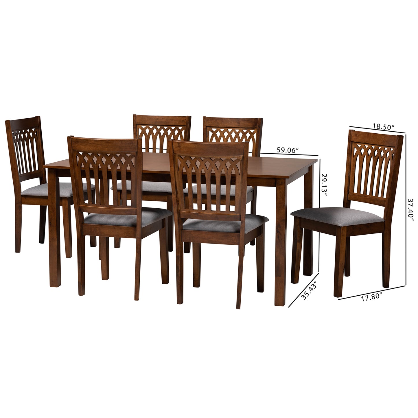 Baxton Studio Genesis Modern Grey Fabric and Walnut Brown Finished Wood 7-Piece Dining Set | Dining Sets | Modishstore - 3