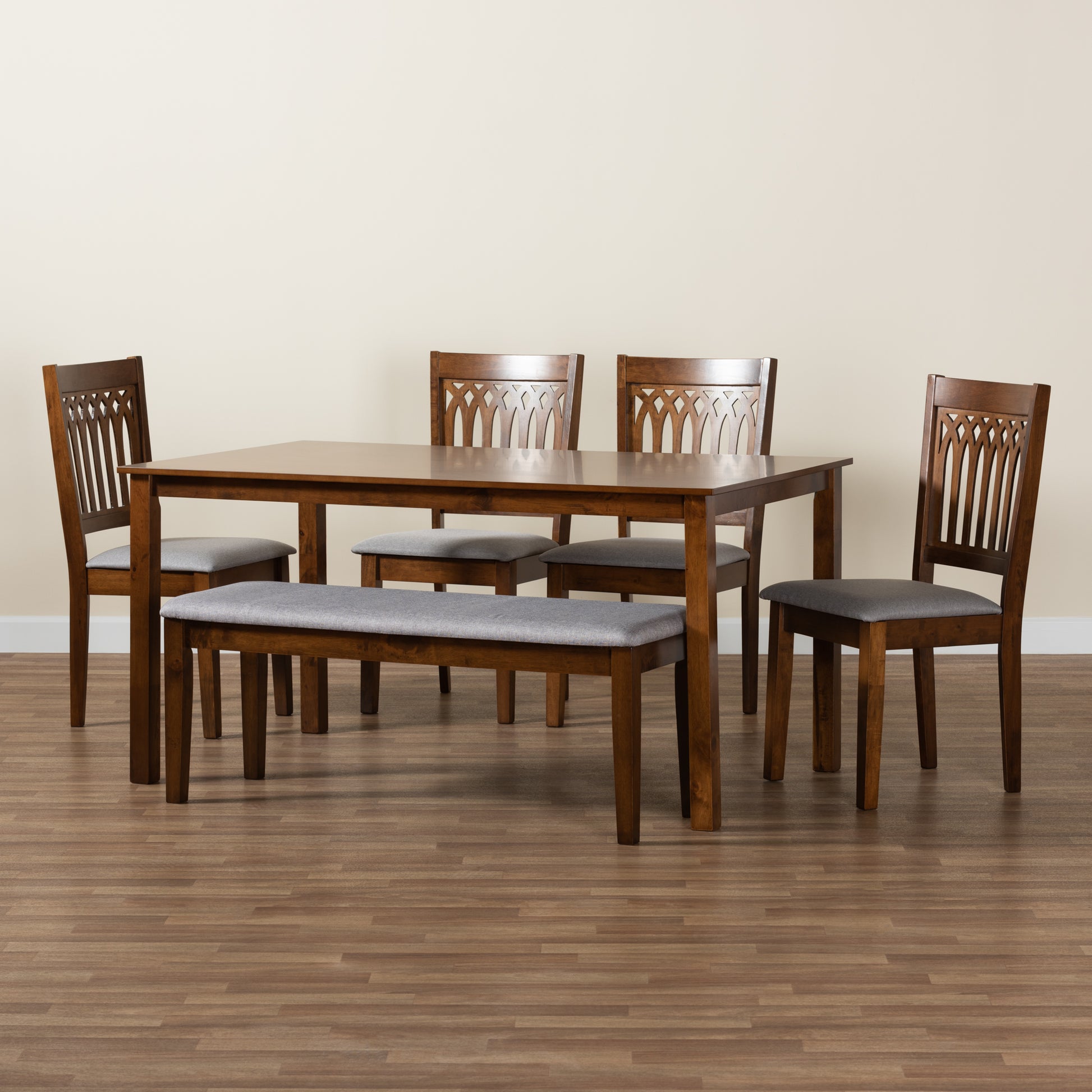 Baxton Studio Genesis Modern Grey Fabric and Walnut Brown Finished Wood 6-Piece Dining Set | Dining Sets | Modishstore - 3