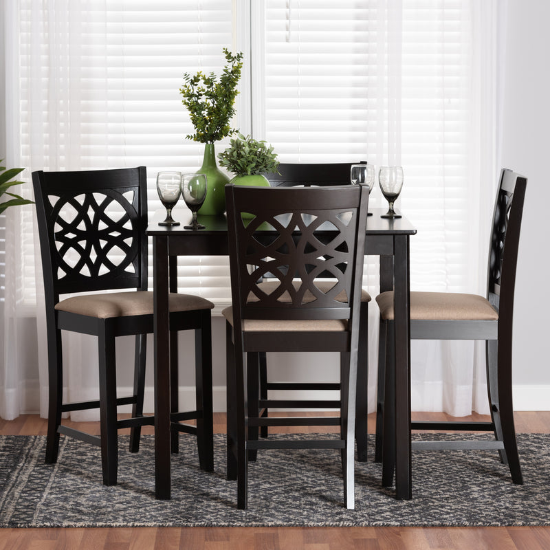 Baxton Studio Abigail Modern Beige Fabric and Dark Brown Finished Wood 5-Piece Pub Set | Bar Stools & Table | Modishstore