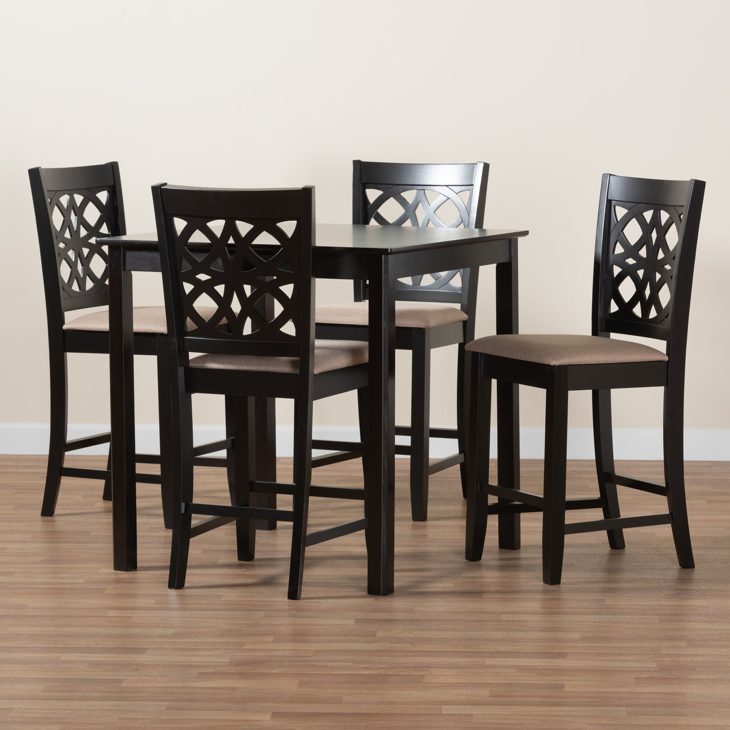 Baxton Studio Abigail Modern Beige Fabric and Dark Brown Finished Wood 5-Piece Pub Set | Bar Stools & Table | Modishstore - 2