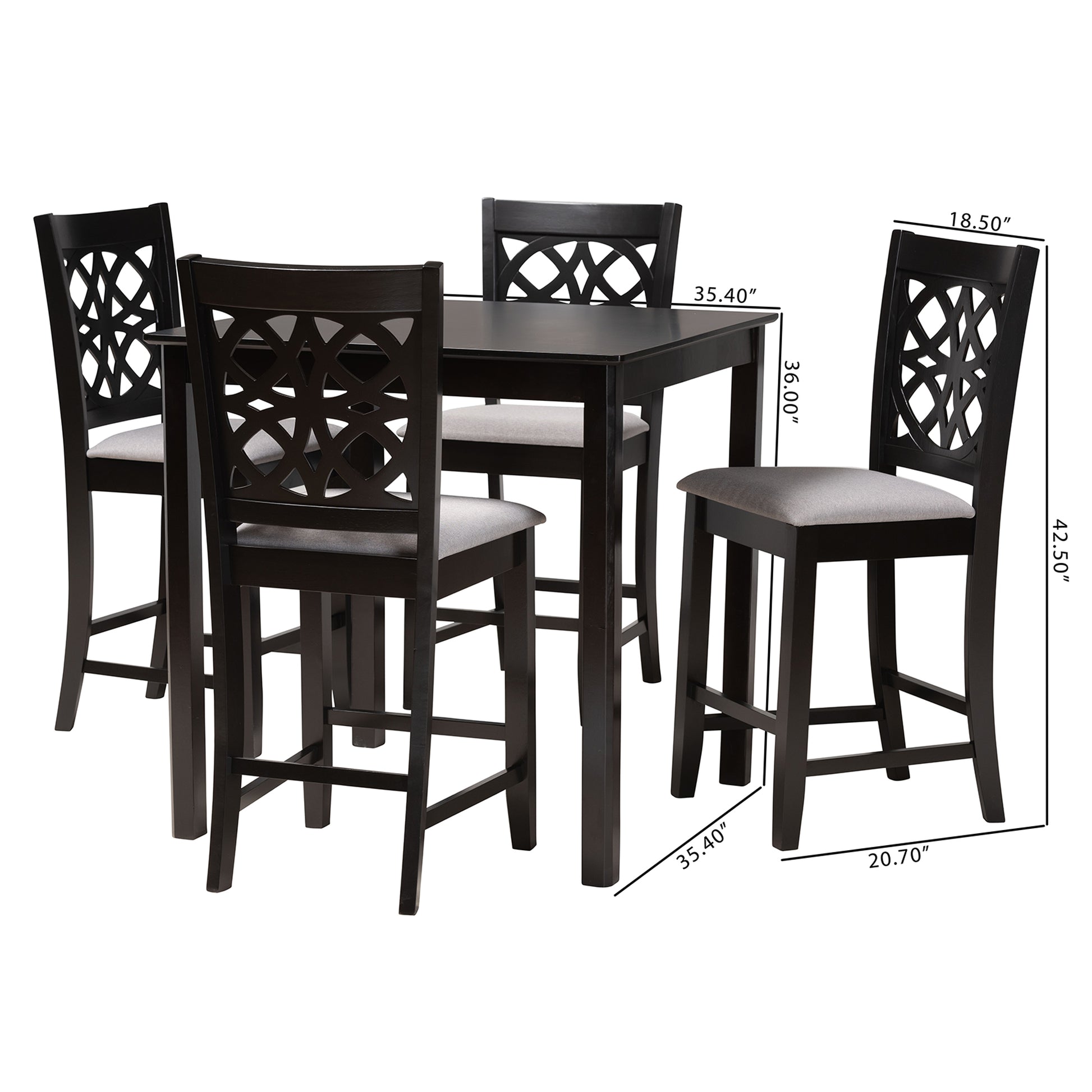 Baxton Studio Abigail Modern Grey Fabric and Dark Brown Finished Wood 5-Piece Pub Set | Bar Stools & Table | Modishstore - 3