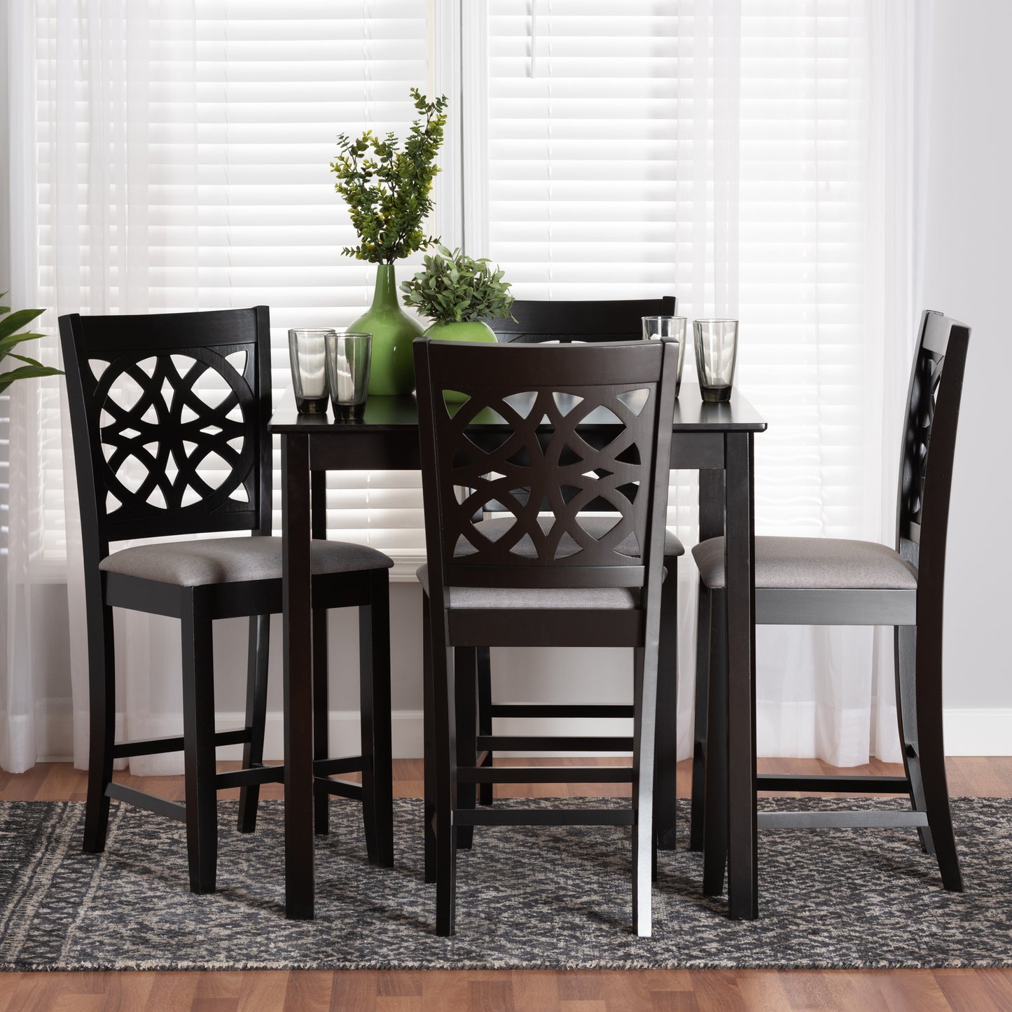 Baxton Studio Abigail Modern Grey Fabric and Dark Brown Finished Wood 5-Piece Pub Set | Bar Stools & Table | Modishstore