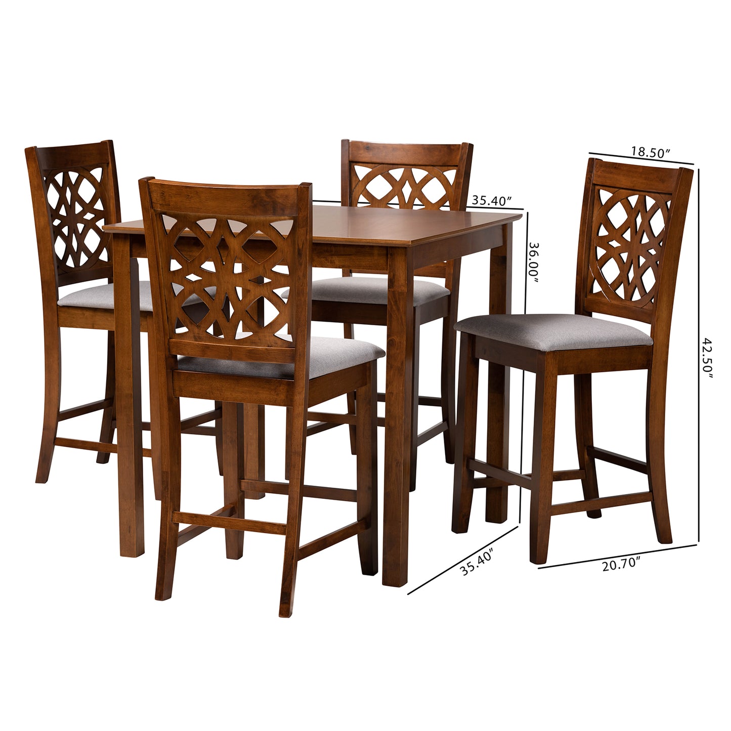 Baxton Studio Abigail Modern Grey Fabric and Walnut Brown Finished Wood 5-Piece Pub Set | Bar Stools & Table | Modishstore - 3