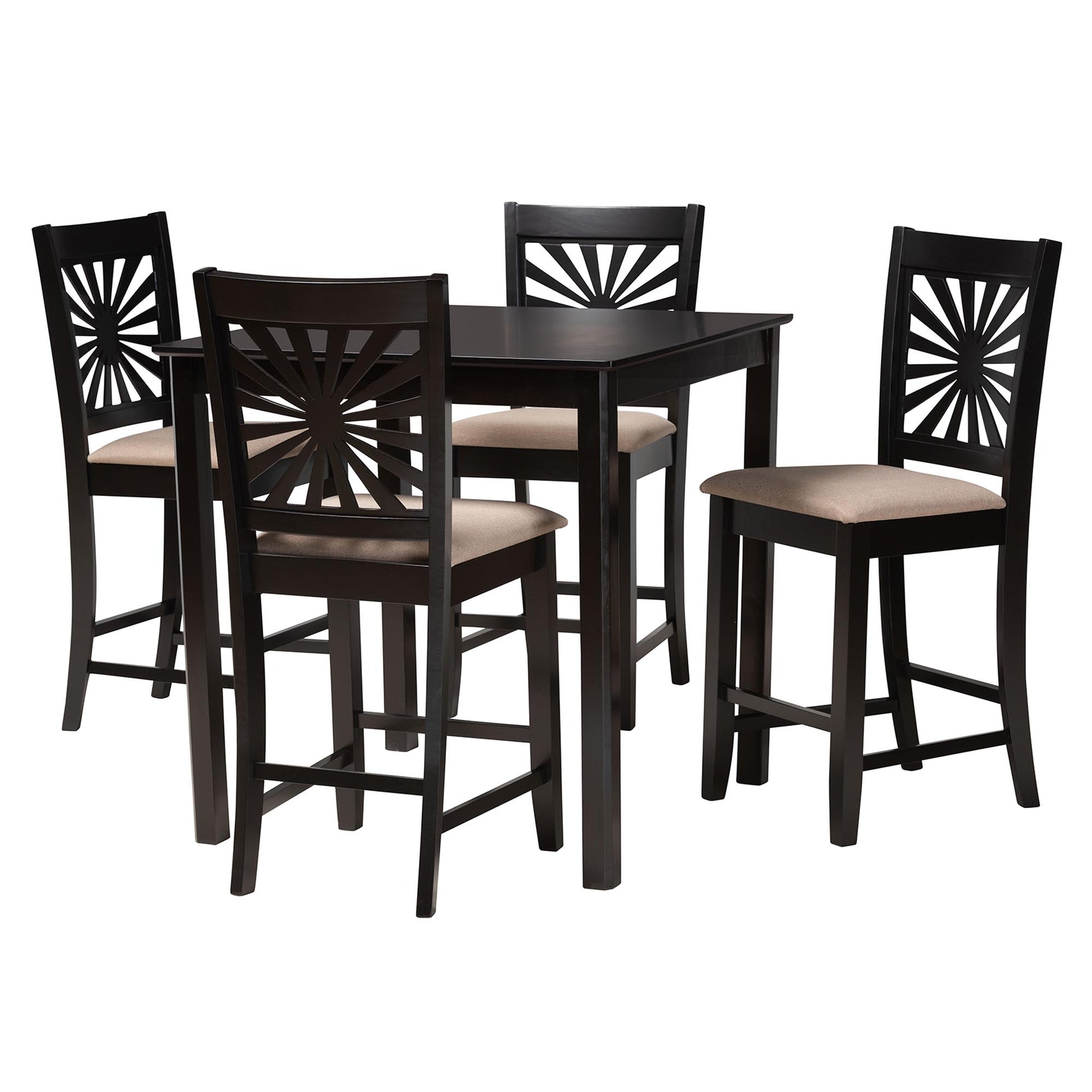 Baxton Studio Olympia Modern Beige Fabric and Espresso Brown Finished Wood 5-Piece Pub Set | Bar Stools & Table | Modishstore - 4