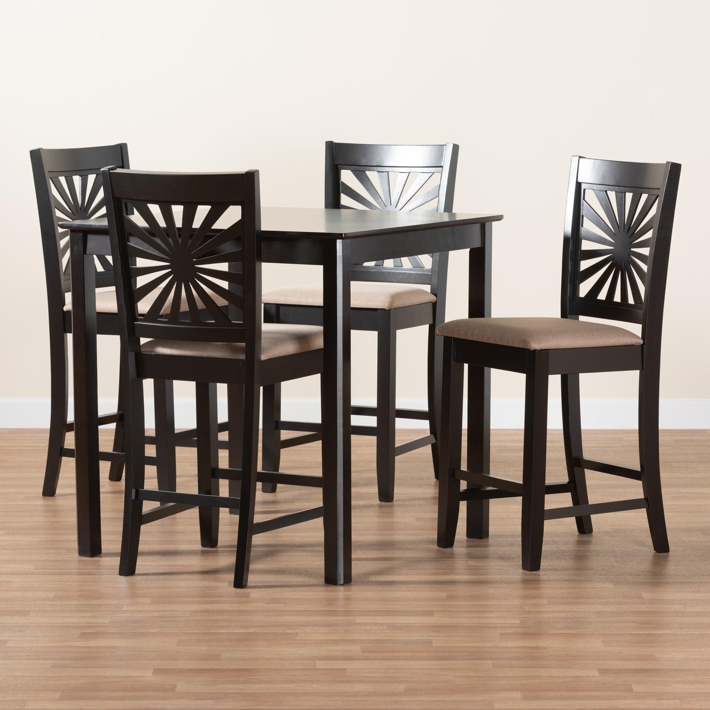 Baxton Studio Olympia Modern Beige Fabric and Espresso Brown Finished Wood 5-Piece Pub Set | Bar Stools & Table | Modishstore - 2