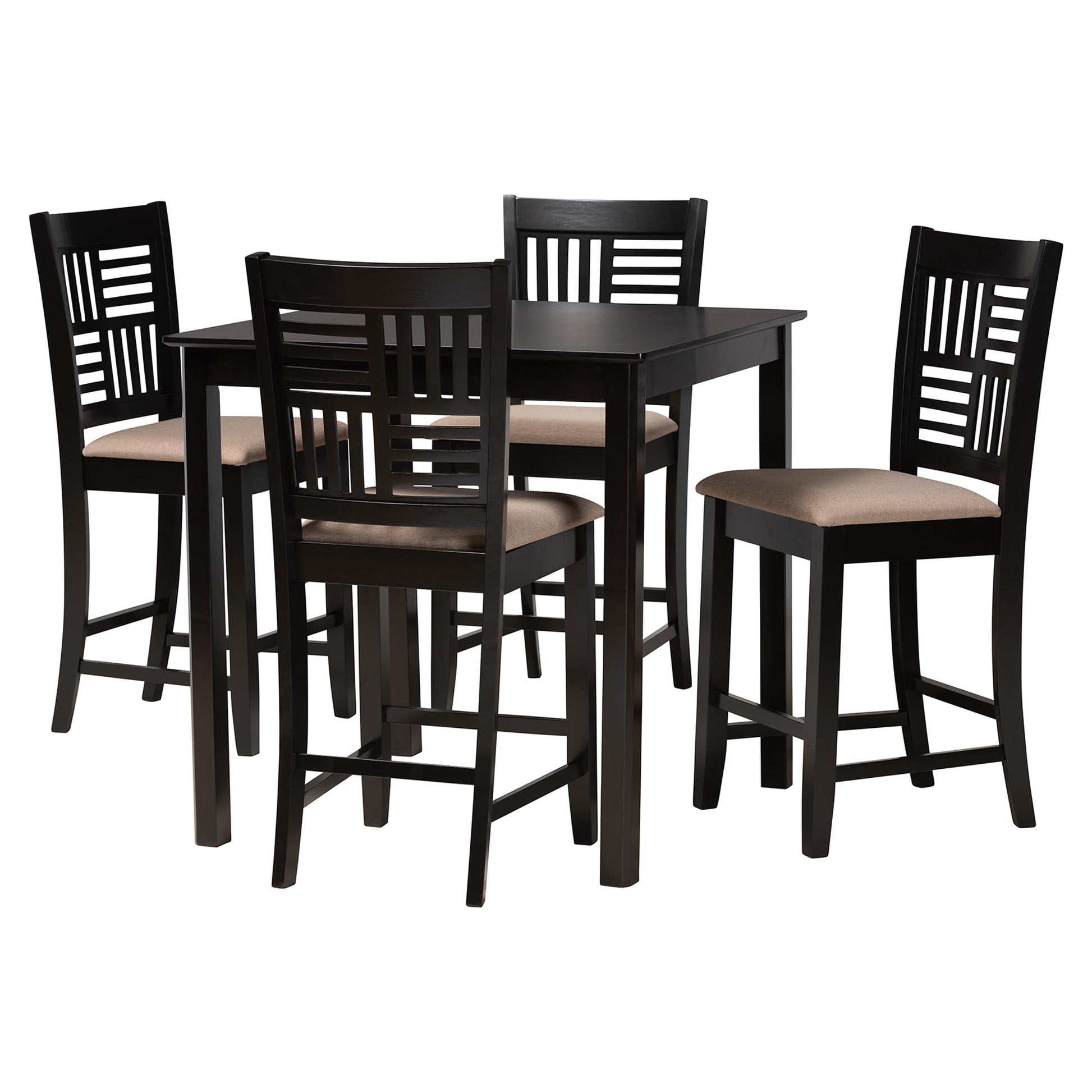 Baxton Studio Deanna Modern Beige Fabric and Dark Brown Finished Wood 5-Piece Pub Set | Bar Stools & Table | Modishstore - 4