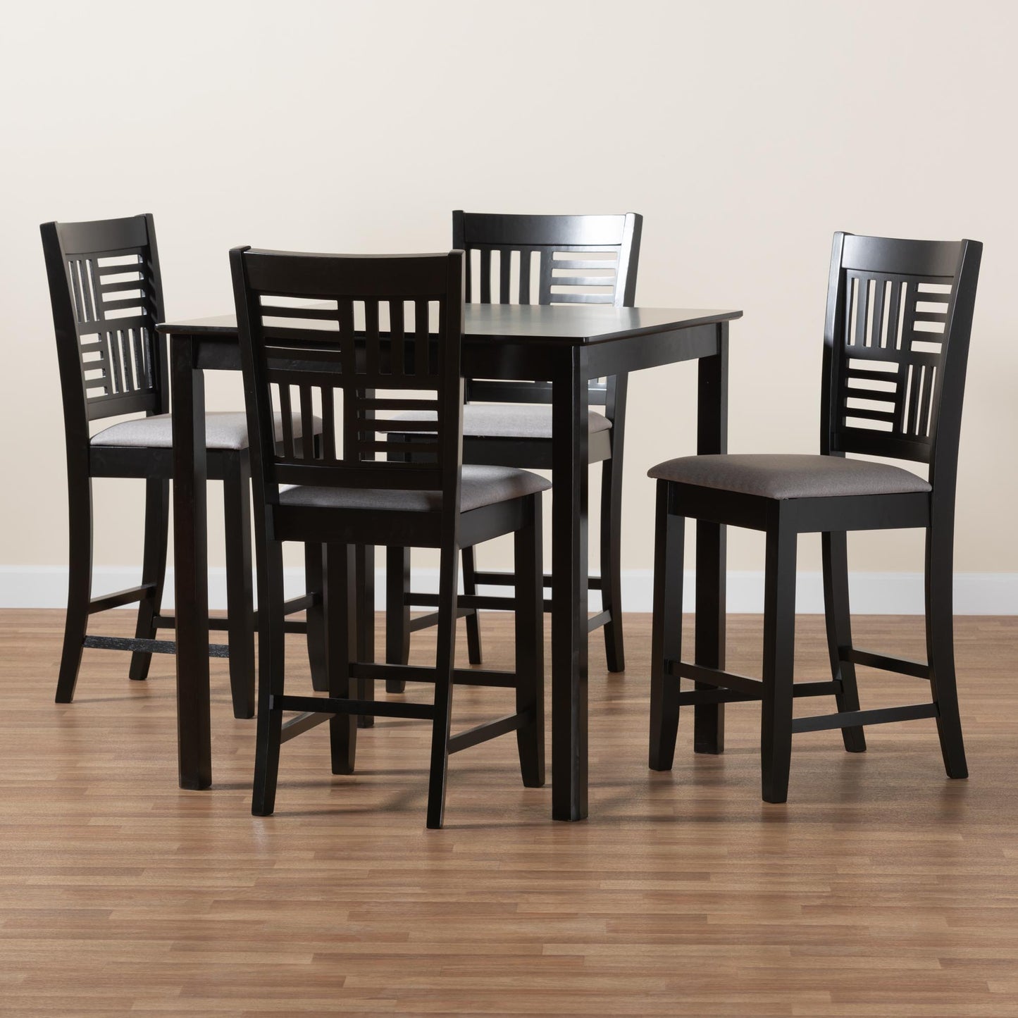 Baxton Studio Deanna Modern Beige Fabric and Dark Brown Finished Wood 5-Piece Pub Set | Bar Stools & Table | Modishstore - 12