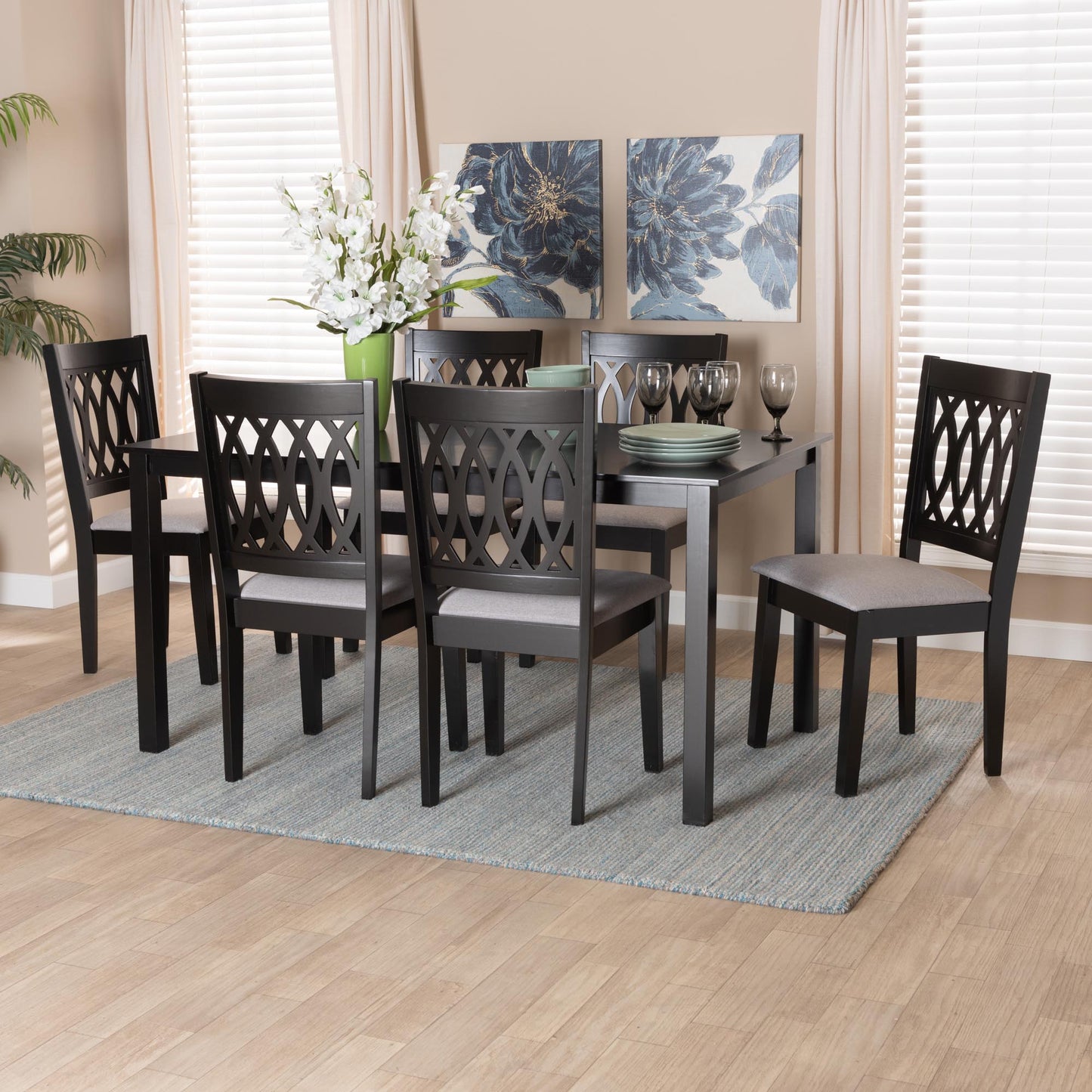 Baxton Studio Florencia Modern Beige Fabric and Espresso Brown Finished Wood 7-Piece Dining Set | Dining Sets | Modishstore - 11