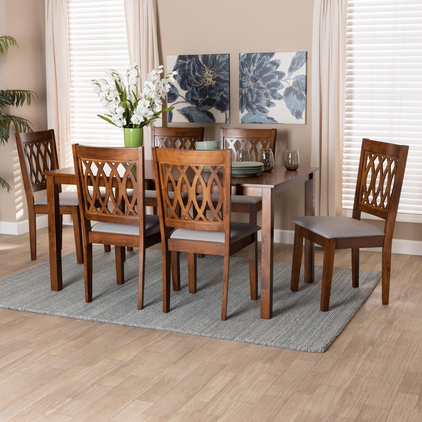 Baxton Studio Florencia Modern Beige Fabric and Espresso Brown Finished Wood 7-Piece Dining Set | Dining Sets | Modishstore - 21