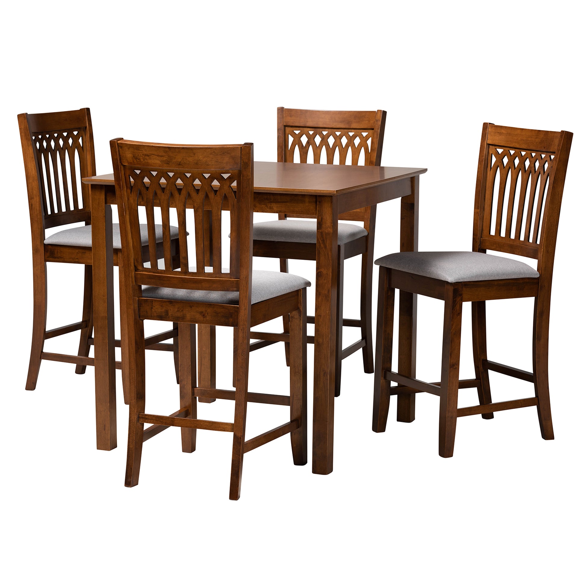 Baxton Studio Genesis Modern Grey Fabric and Walnut Brown Finished Wood 5-Piece Pub Set | Bar Stools & Table | Modishstore - 4