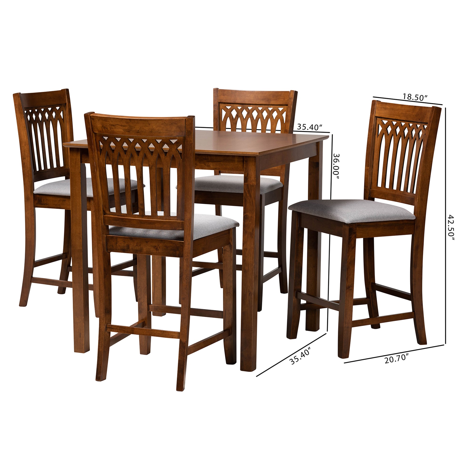 Baxton Studio Genesis Modern Grey Fabric and Walnut Brown Finished Wood 5-Piece Pub Set | Bar Stools & Table | Modishstore - 3