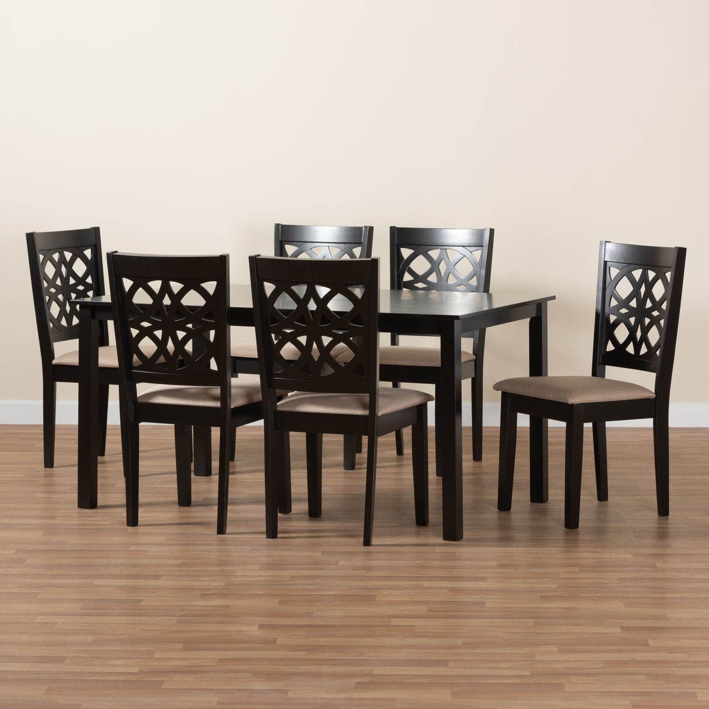 Baxton Studio Abigail Modern Beige Fabric and Dark Brown Finished Wood 7-Piece Dining Set | Dining Sets | Modishstore - 2