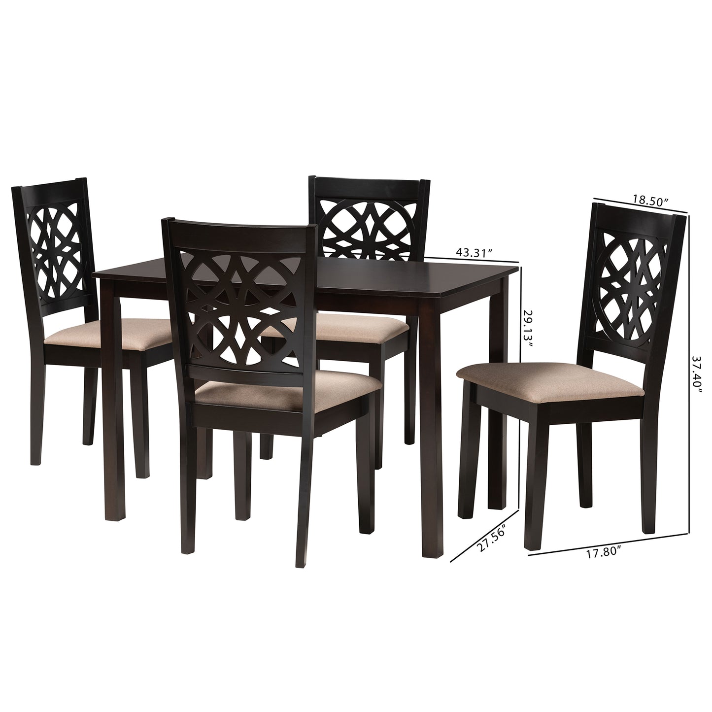 Baxton Studio Abigail Modern Beige Fabric and Dark Brown Finished Wood 5-Piece Dining Set | Dining Sets | Modishstore - 3