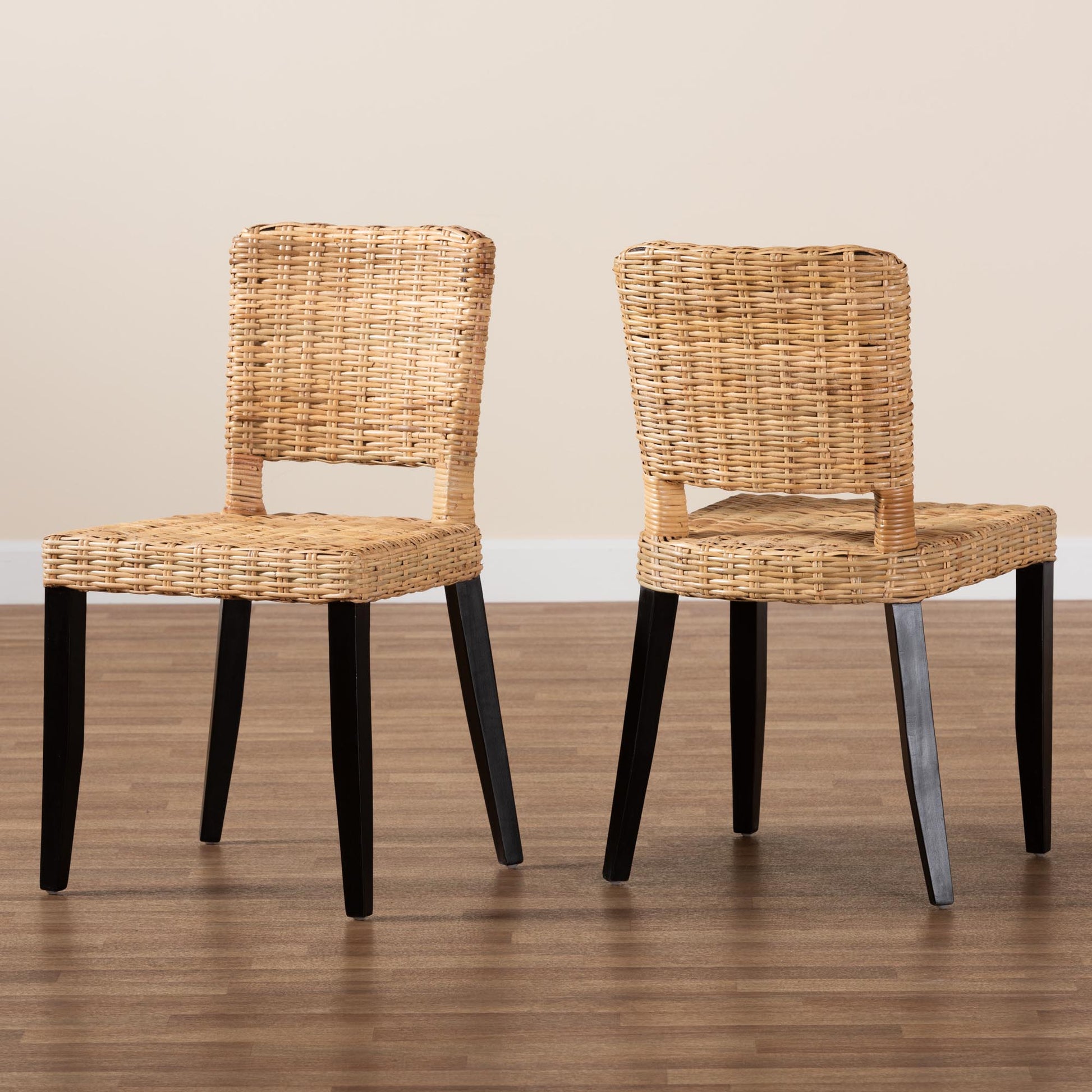 Baxton Studio bali & pari Dermot Modern Bohemian Dark Brown Finished Wood and Natural Rattan 2-Piece Dining Chair Set | Dining Chairs | Modishstore - 2