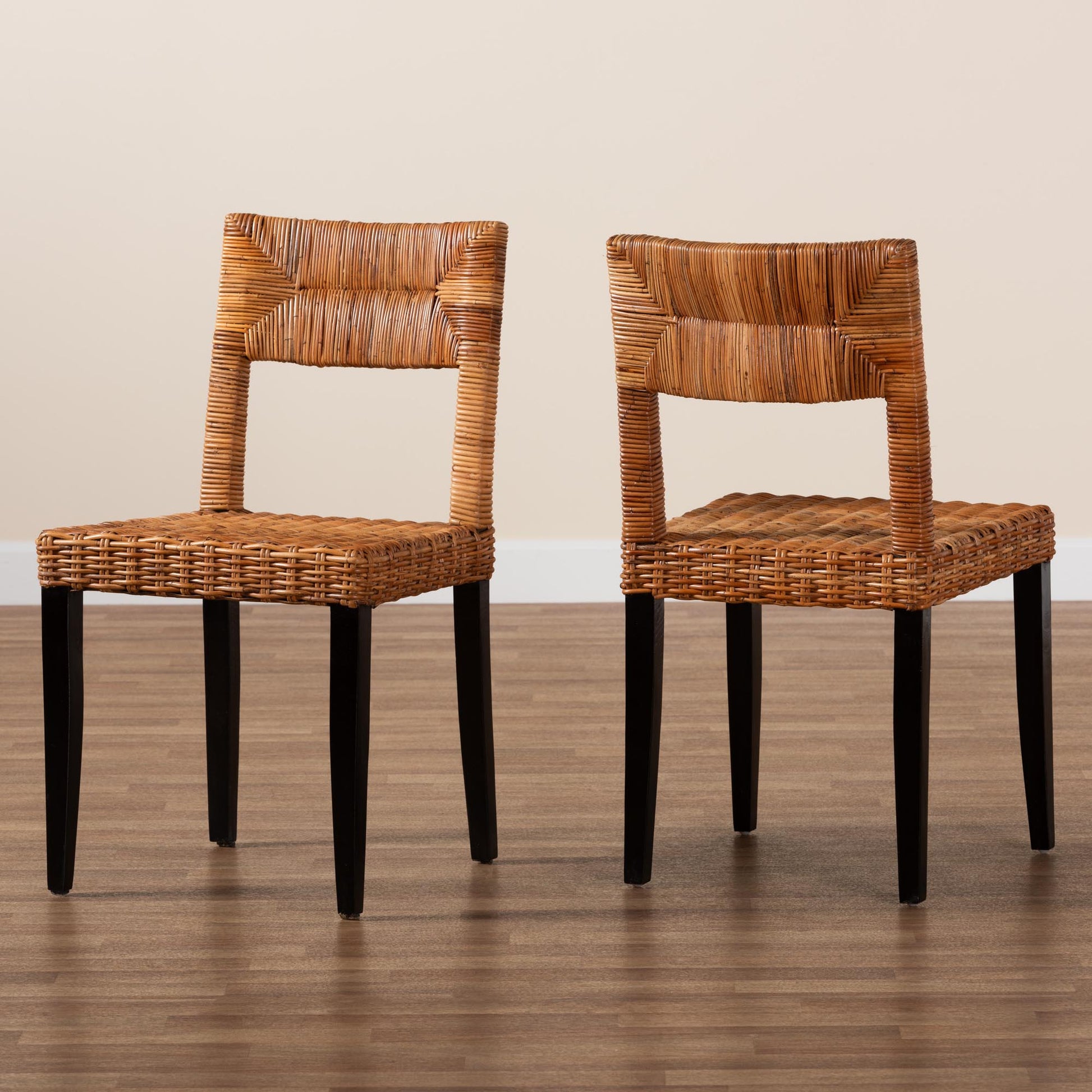 Baxton Studio bali & pari Manrico Modern Bohemian Dark Brown Finished Wood and Natural Rattan 2-Piece Dining Chair Set | Dining Chairs | Modishstore - 9