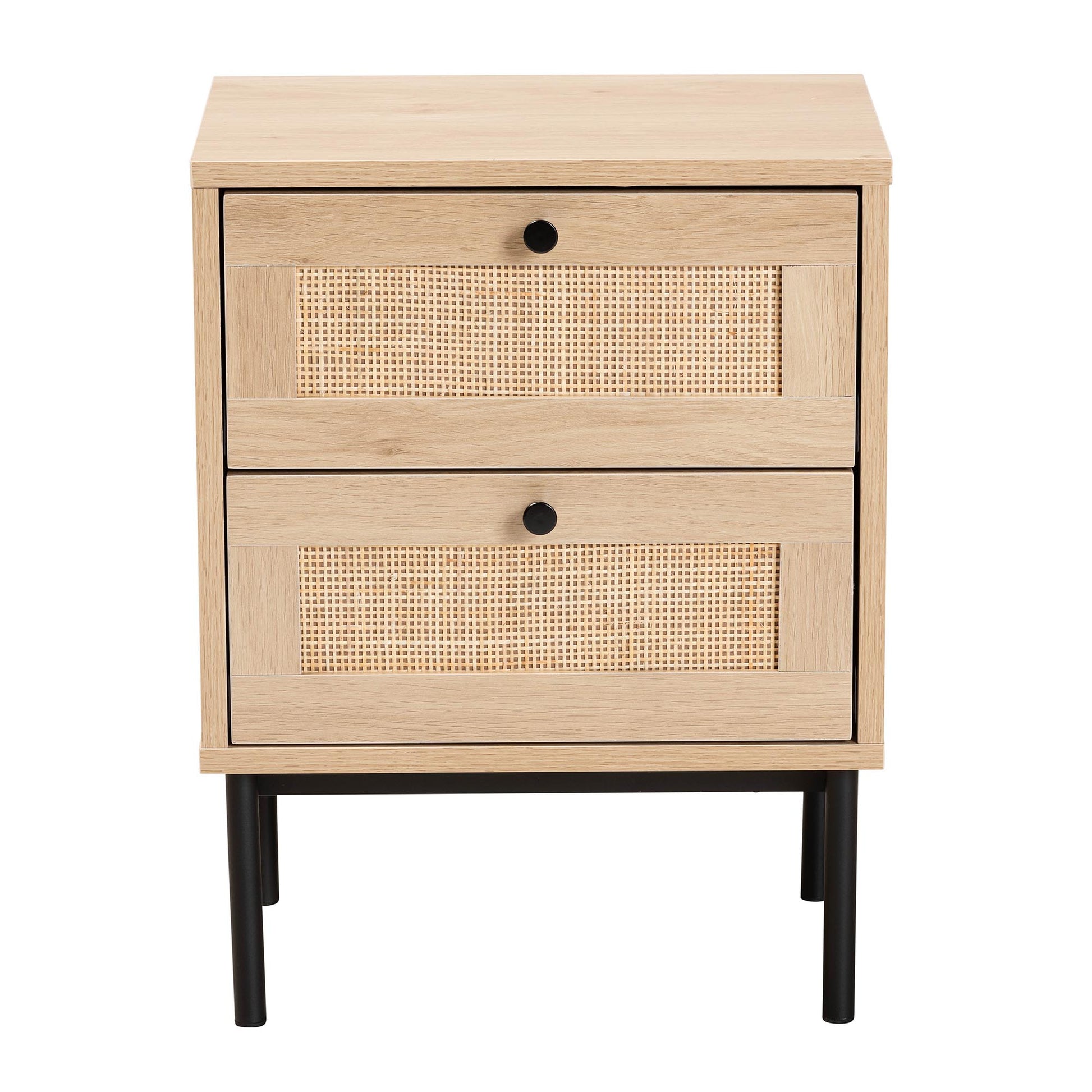 Baxton Studio Sherwin Mid-Century Modern Light Brown and Black 2-Drawer End Table with Woven Rattan Accent | End Tables | Modishstore - 4