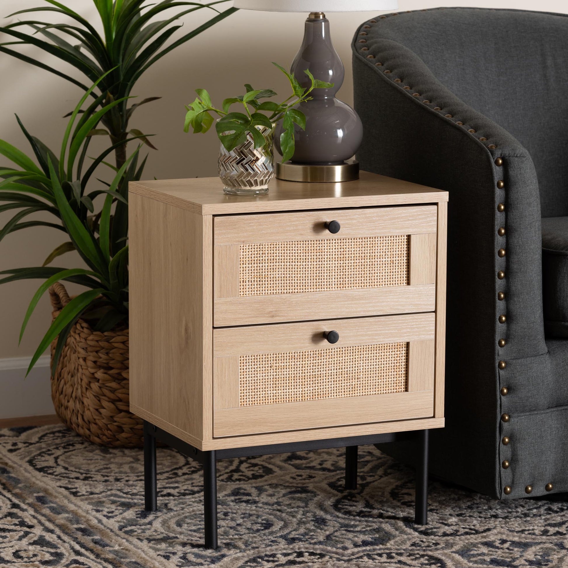 Baxton Studio Sherwin Mid-Century Modern Light Brown and Black 2-Drawer End Table with Woven Rattan Accent | End Tables | Modishstore