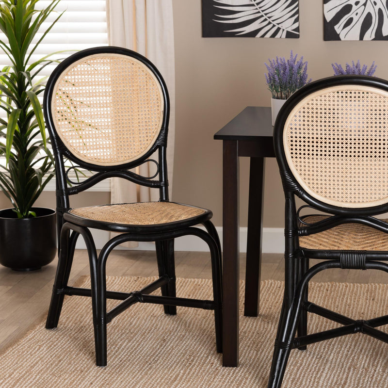 Baxton Studio bali & pari Ayana Mid-Century Modern Two-Tone Black and Natural Brown Rattan Dining Chair | Dining Chairs | Modishstore