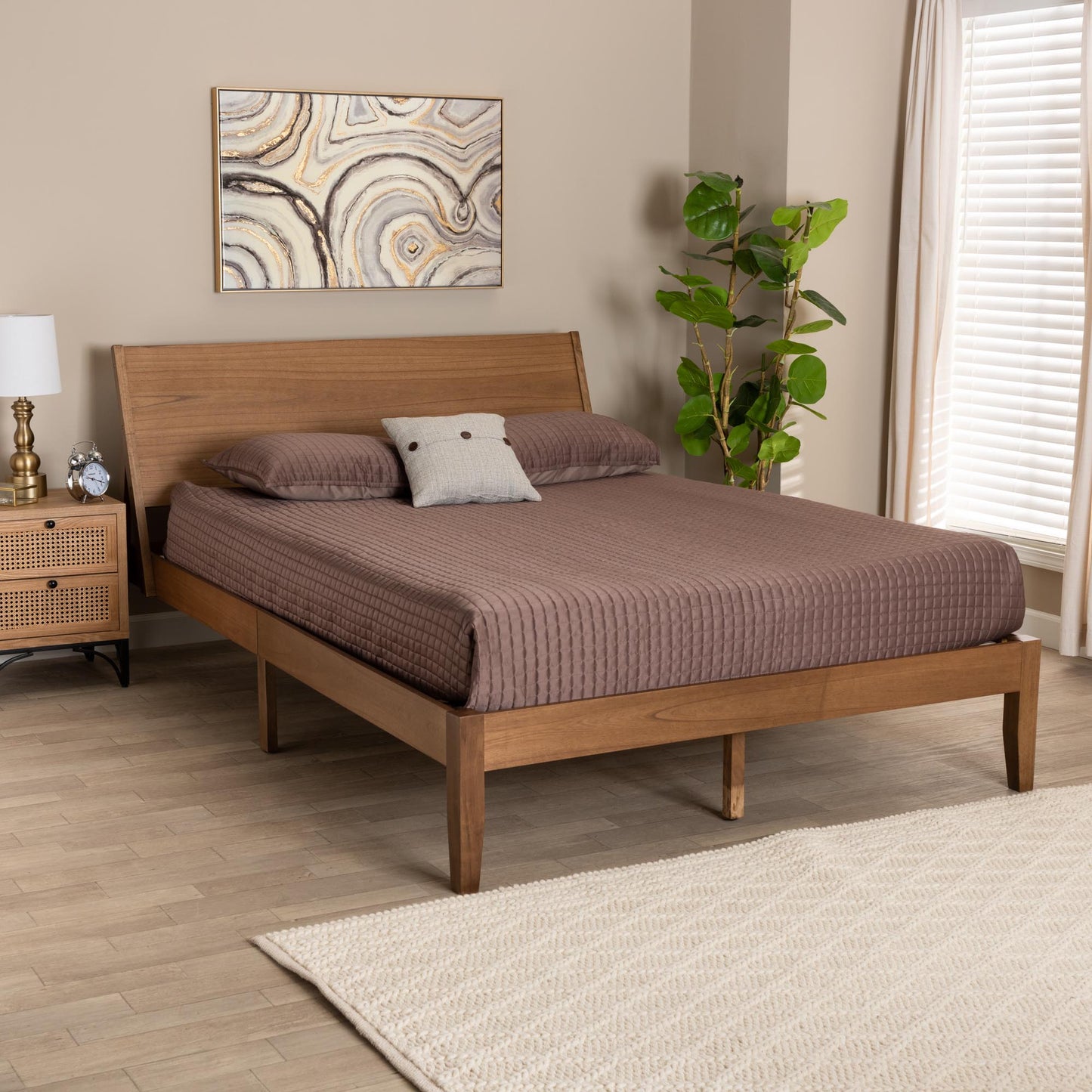 Baxton Studio Eileen Mid-Century Transitional Walnut Brown Finished Wood Queen Size Platform Bed | Beds | Modishstore