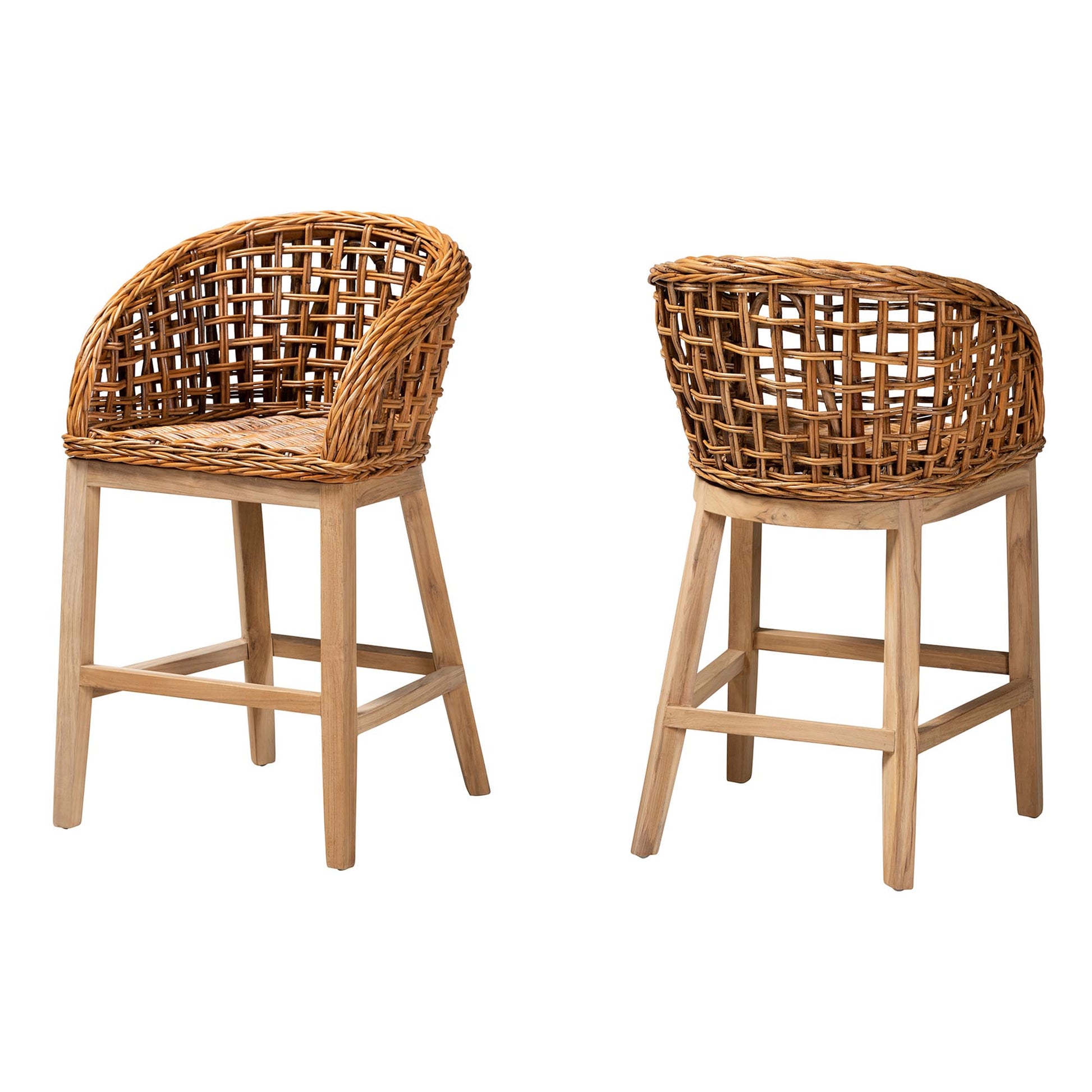 Baxton Studio bali & pari Mario Modern Bohemian Natural Brown Finished Teak Wood and Rattan 2-Piece Counter Stool Set | Bar Stools | Modishstore - 2