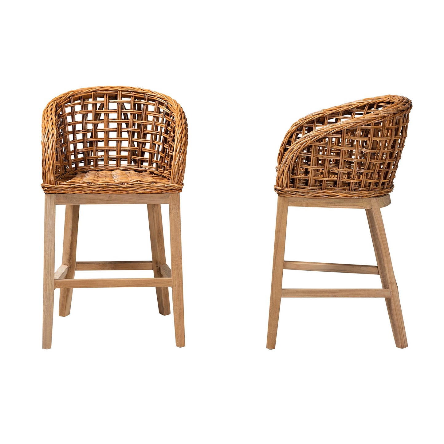 Baxton Studio bali & pari Mario Modern Bohemian Natural Brown Finished Teak Wood and Rattan 2-Piece Counter Stool Set | Bar Stools | Modishstore - 4