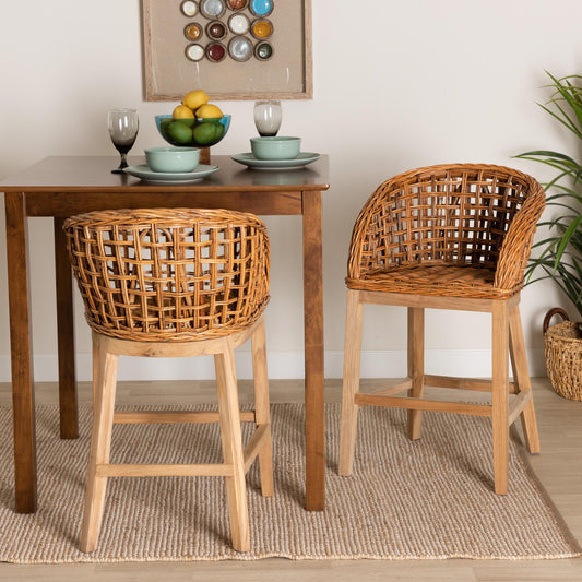 Baxton Studio bali & pari Mario Modern Bohemian Natural Brown Finished Teak Wood and Rattan 2-Piece Counter Stool Set | Bar Stools | Modishstore