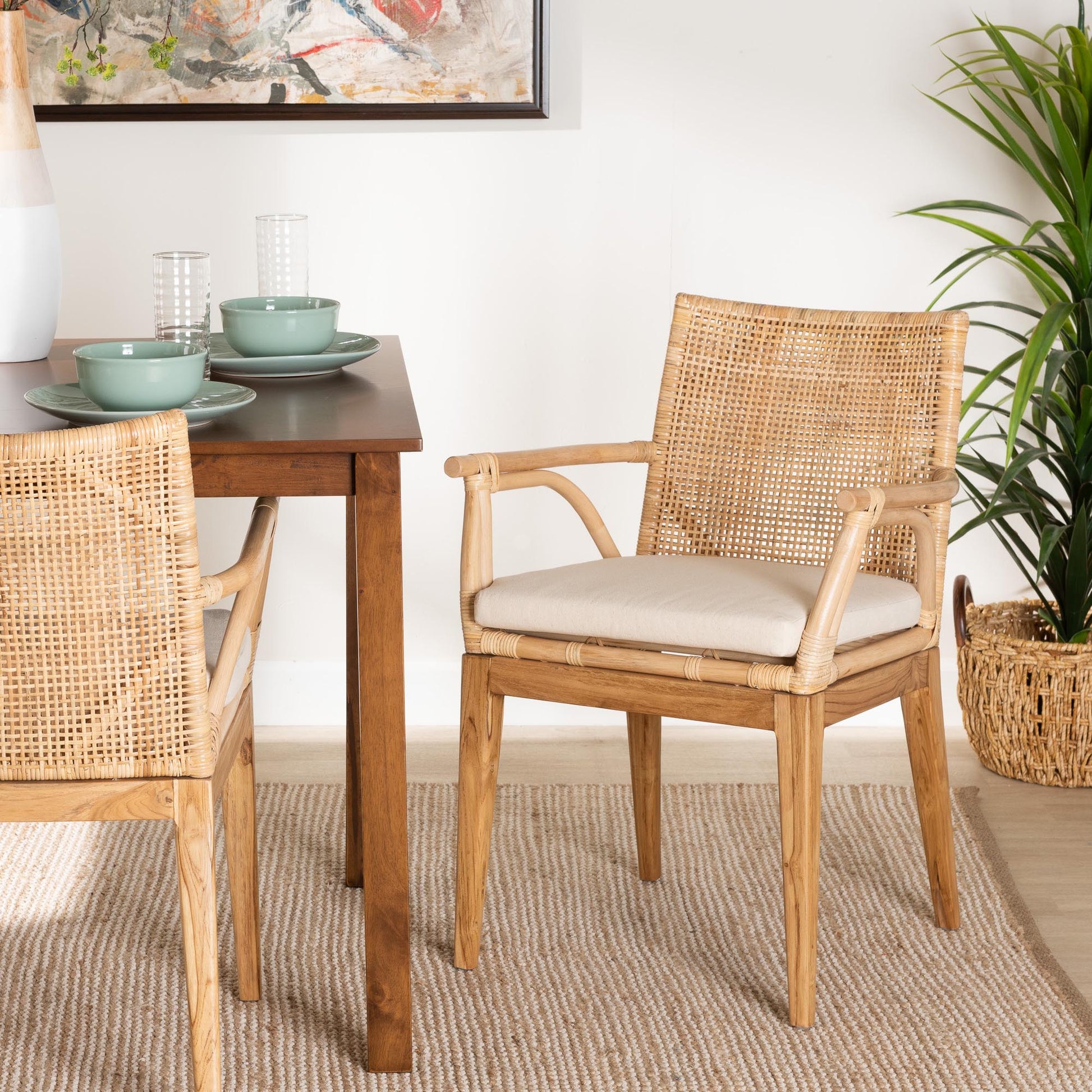 Baxton Studio bali & pari Storsel Modern Bohemian Natural Brown Finished Teak Wood and Rattan Dining Chair | Dining Chairs | Modishstore