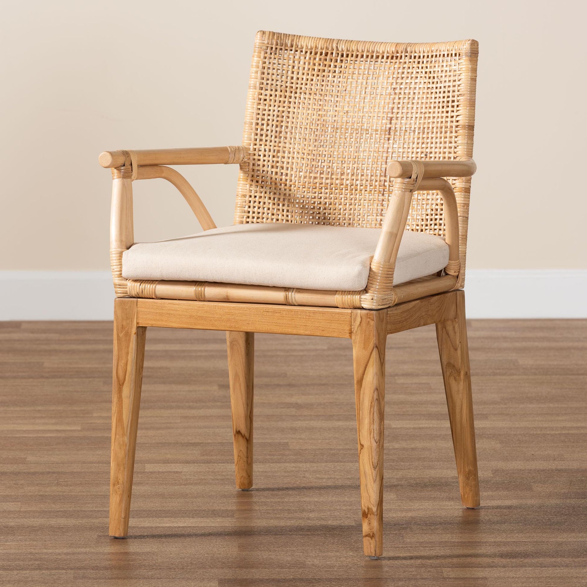 Baxton Studio bali & pari Storsel Modern Bohemian Natural Brown Finished Teak Wood and Rattan Dining Chair | Dining Chairs | Modishstore - 9