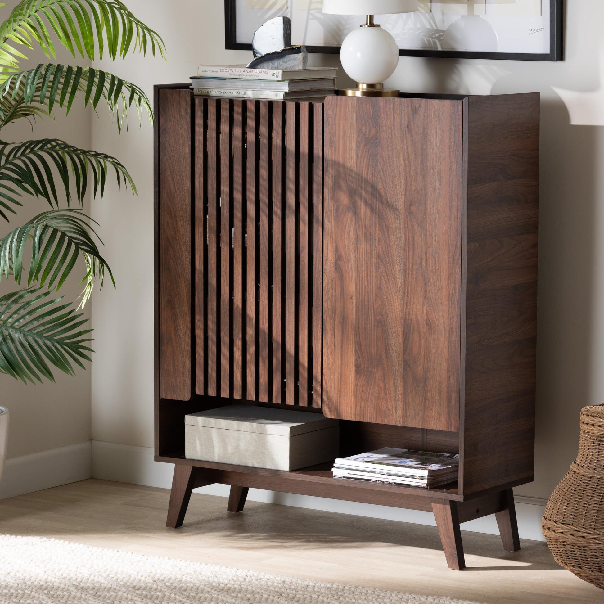 Baxton Studio Paricia Mid-Century Modern Walnut Brown Finished Wood Shoe Cabinet | Cabinets | Modishstore - 9