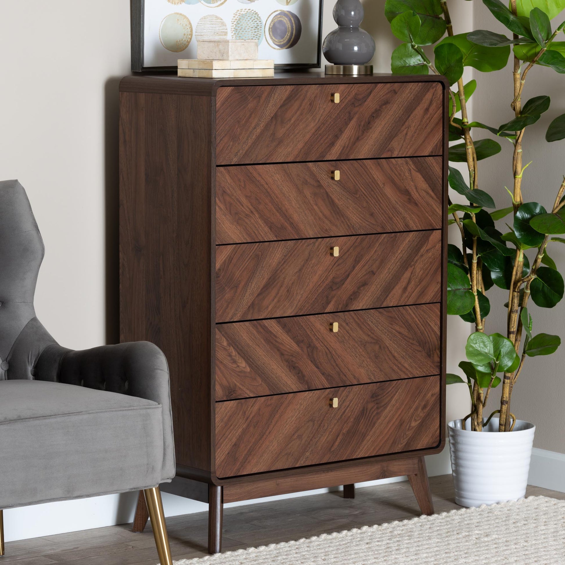 Baxton Studio Markell Mid-Century Modern Transitional Walnut Brown Finished Wood 5-Drawer Storage Chest | Drawers | Modishstore