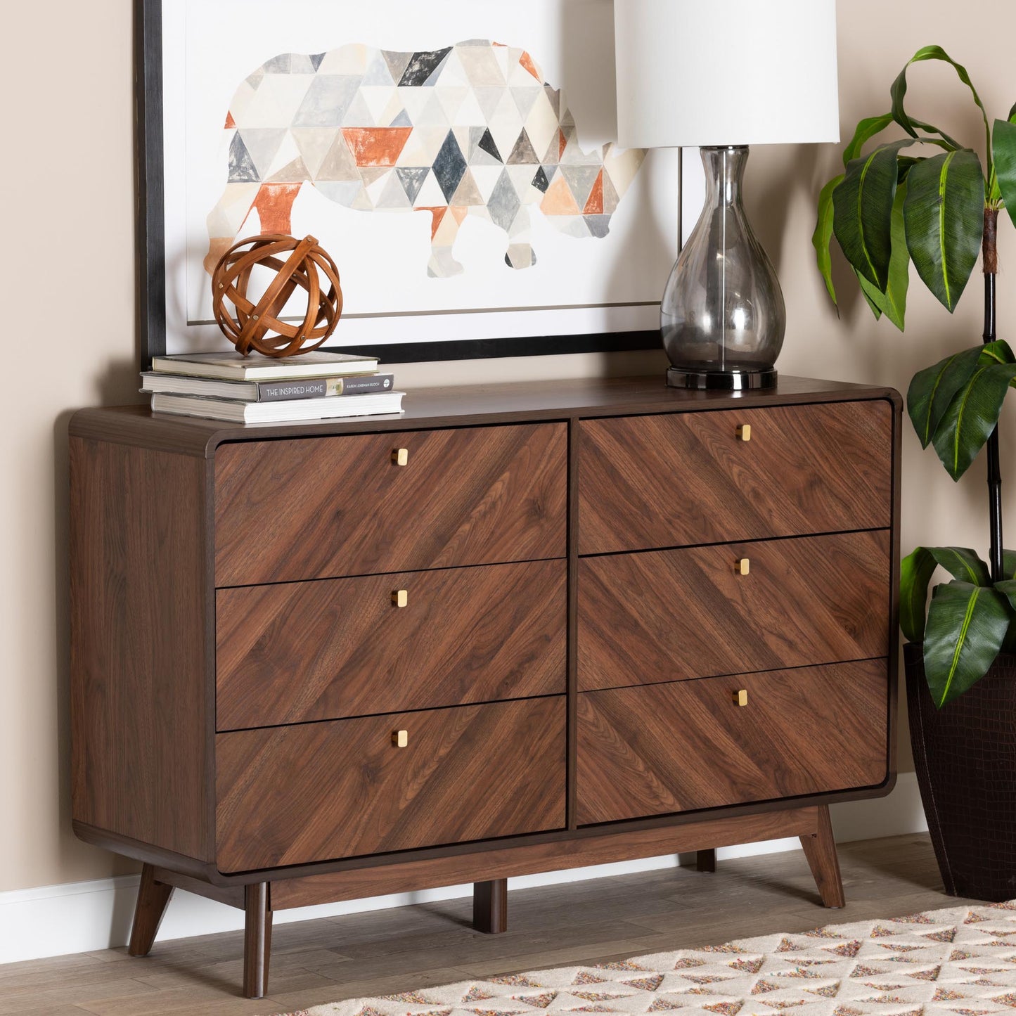 Baxton Studio Markell Mid-Century Modern Transitional Walnut Brown Finished Wood 6-Drawer Dresser | Dressers | Modishstore