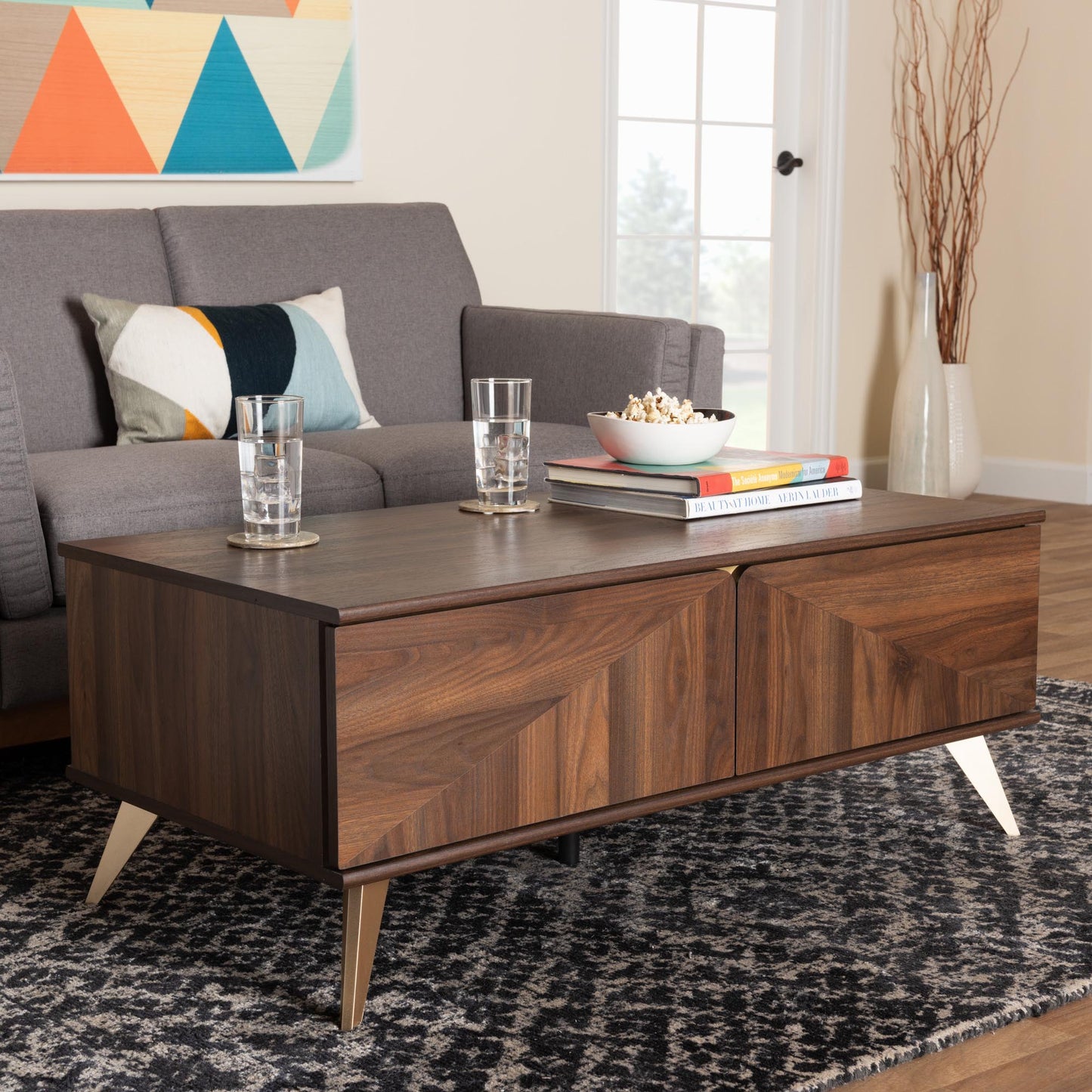 Baxton Studio Graceland Mid-Century Modern Transitional Walnut Brown Finished Wood 2-Drawer Coffee Table | Coffee Tables | Modishstore