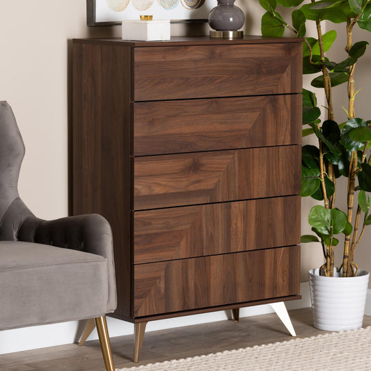 Baxton Studio Graceland Mid-Century Modern Transitional Walnut Brown Finished Wood 5-Drawer Storage Chest | Drawers | Modishstore