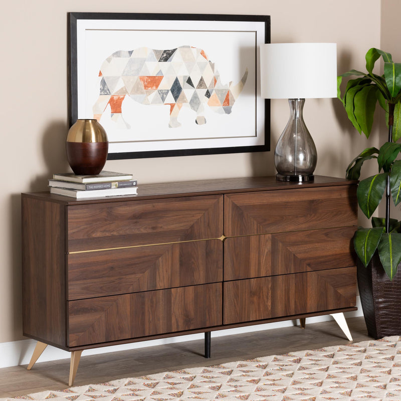 Baxton Studio Graceland Mid-Century Modern Transitional Walnut Brown Finished Wood 6-Drawer Dresser | Dressers | Modishstore