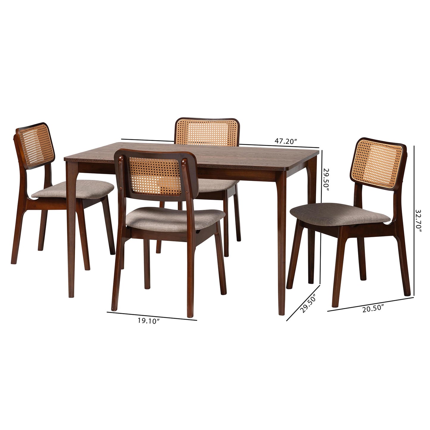 Baxton Studio Dannon Mid-Century Modern Grey Fabric and Walnut Brown Finished Wood 5-Piece Dining Set | Dining Sets | Modishstore - 10