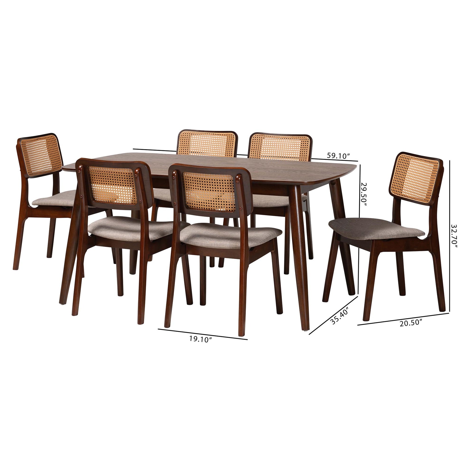 Baxton Studio Dannon Mid-Century Modern Grey Fabric and Walnut Brown Finished Wood 7-Piece Dining Set | Dining Sets | Modishstore - 10