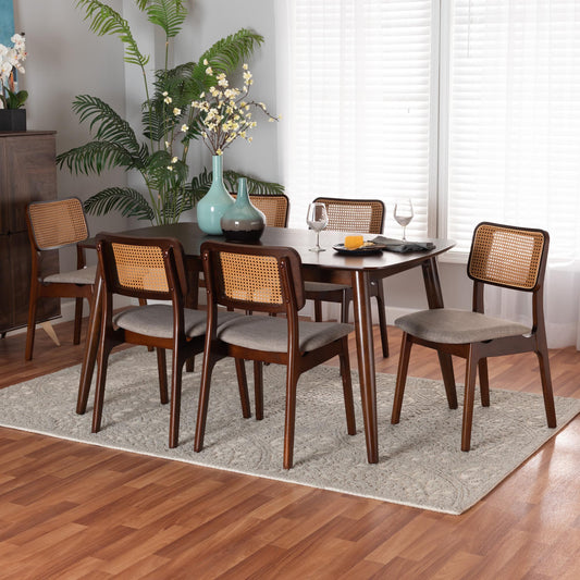 Baxton Studio Dannon Mid-Century Modern Grey Fabric and Walnut Brown Finished Wood 7-Piece Dining Set | Dining Sets | Modishstore