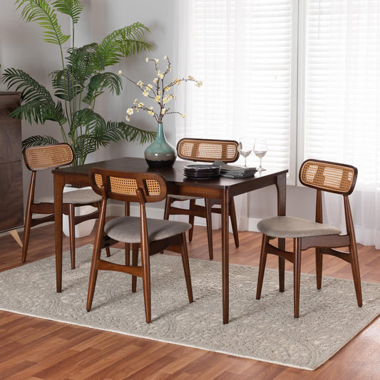 Baxton Studio Tarana Mid-Century Modern Grey Fabric and Walnut Brown Finished Wood 5-Piece Dining Set | Dining Sets | Modishstore