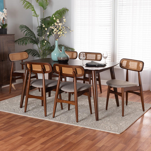 Baxton Studio Tarana Mid-Century Modern Grey Fabric and Walnut Brown Finished Wood 7-Piece Dining Set | Dining Sets | Modishstore