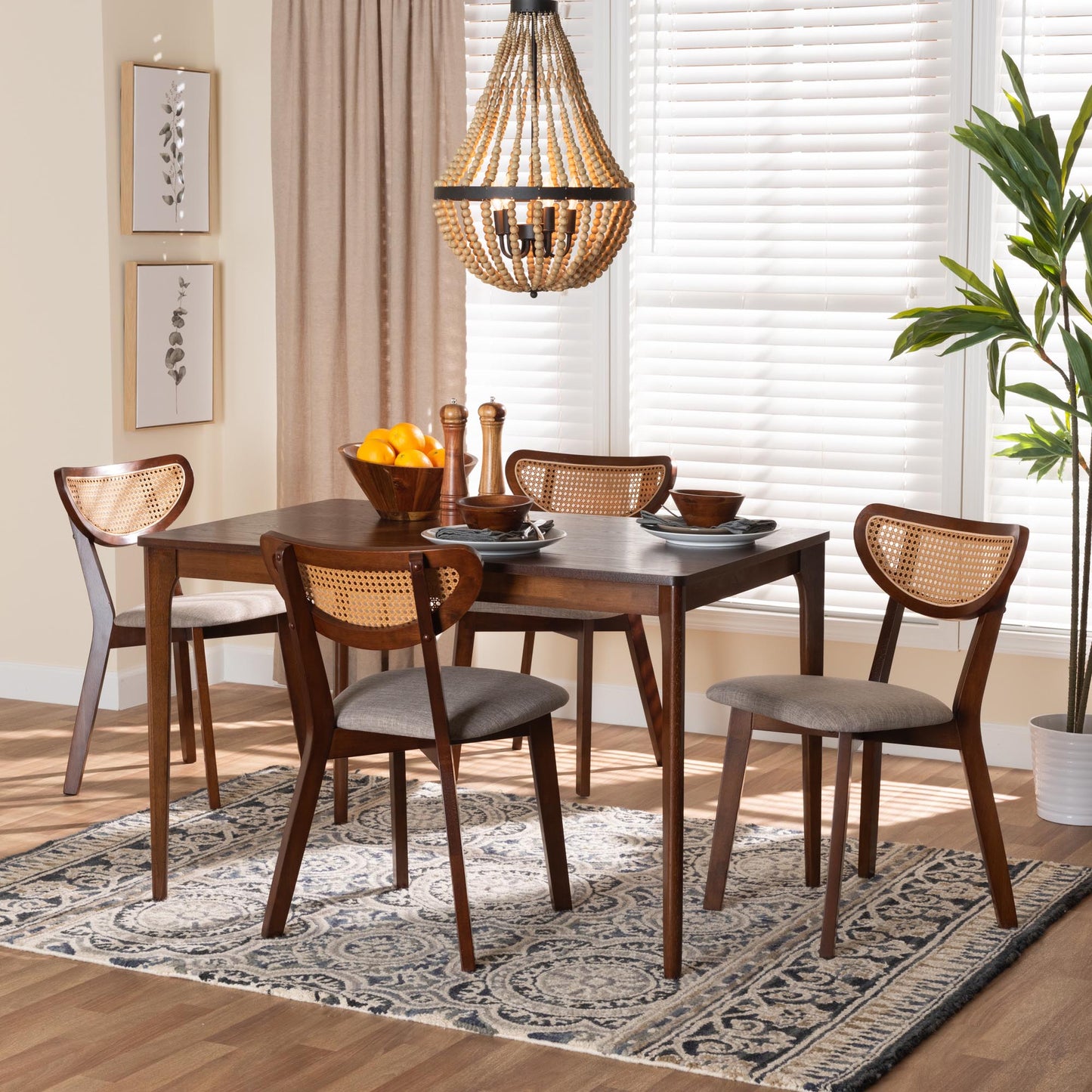 Baxton Studio Dannell Mid-Century Modern Grey Fabric and Walnut Brown Finished Wood 5-Piece Dining Set | Dining Sets | Modishstore