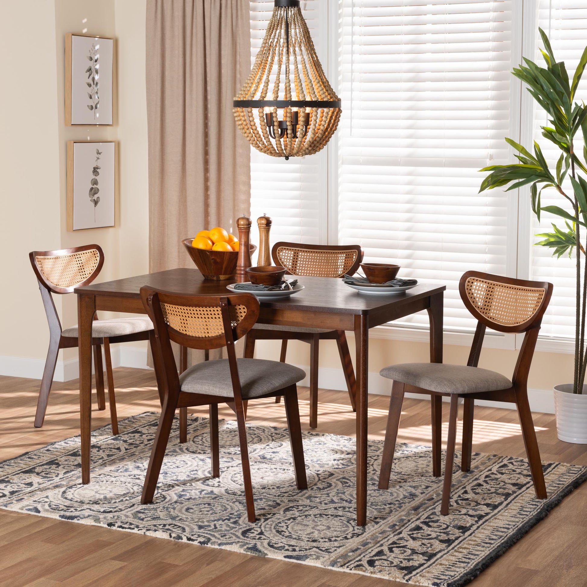 Baxton Studio Dannell Mid-Century Modern Grey Fabric and Walnut Brown Finished Wood 5-Piece Dining Set | Dining Sets | Modishstore